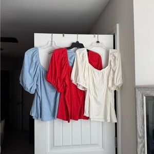 Old Navy Bundle of 3 Puff Sleeve Tops Blouses - Light Blue, Red, Cream
